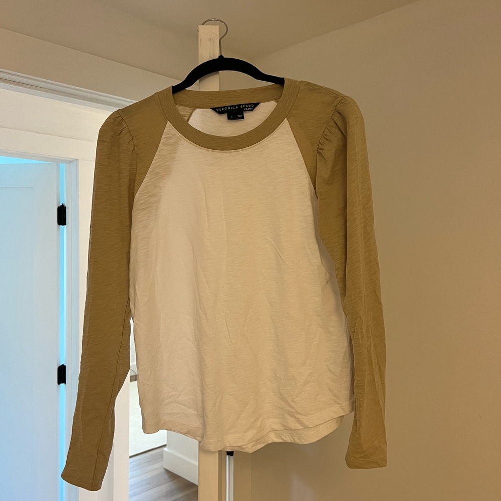 Veronica Beard Mason Baseball Tee in tan  and white size small